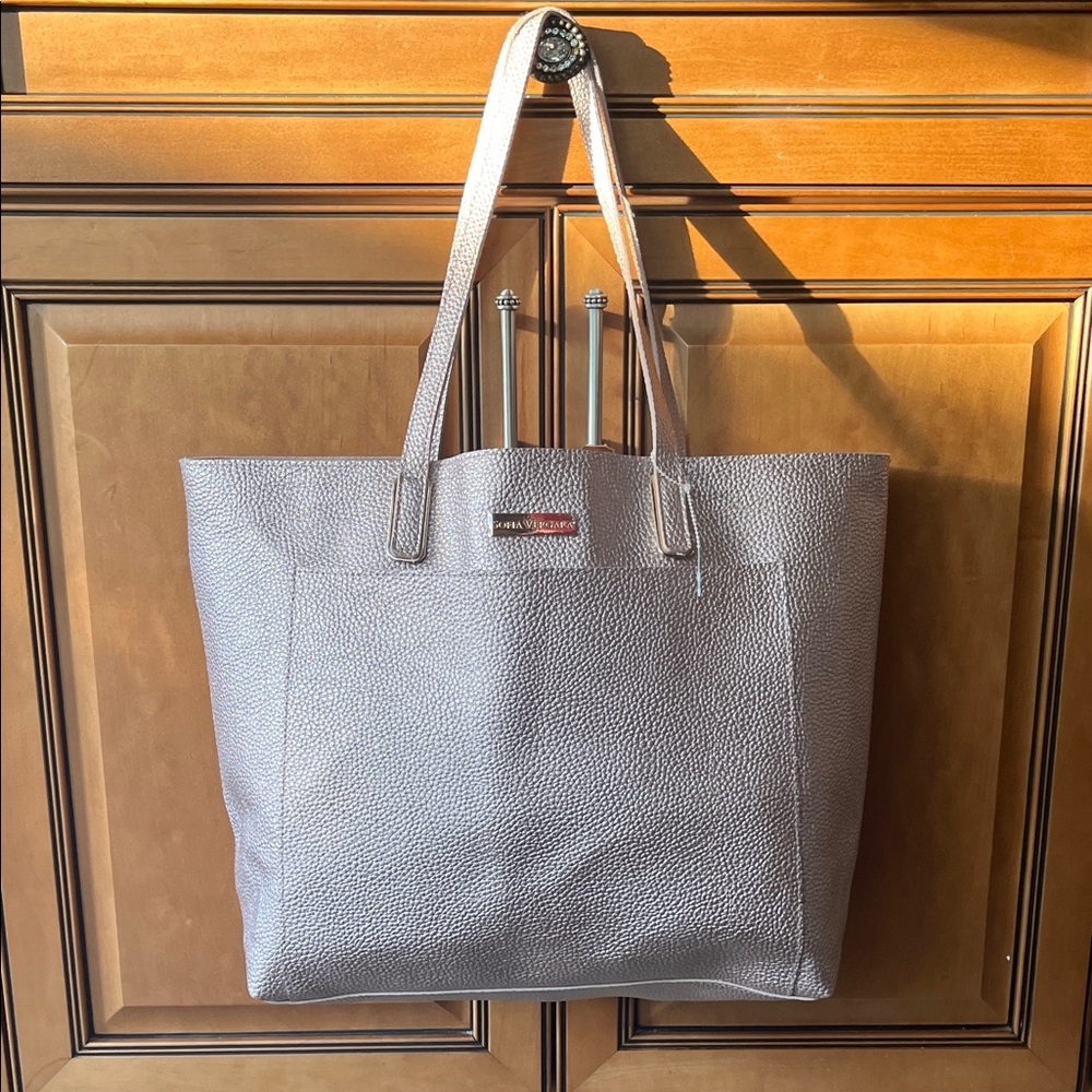 Sofia Vergara Elegant Mauve/Pink Metallic Pebbled Vegan Leather Tote Bag
